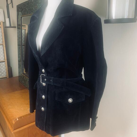 Vintage Jacquelyn Ferrar Size XL Black Suede Leather Belted Jacket Button Front - Picture 2 of 14